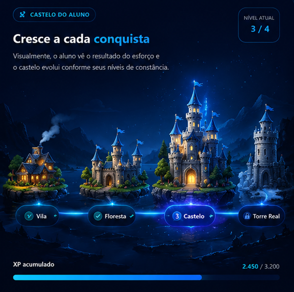 Castelo do aluno: cresce a cada conquista, com nível atual e XP acumulado