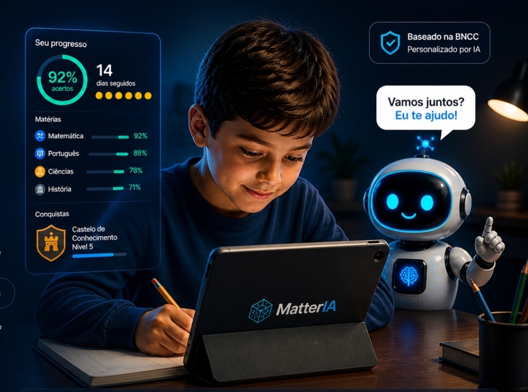 Criança estudando com tablet ao lado da Lumi, mostrando progresso, matérias e badge BNCC do MatterIA