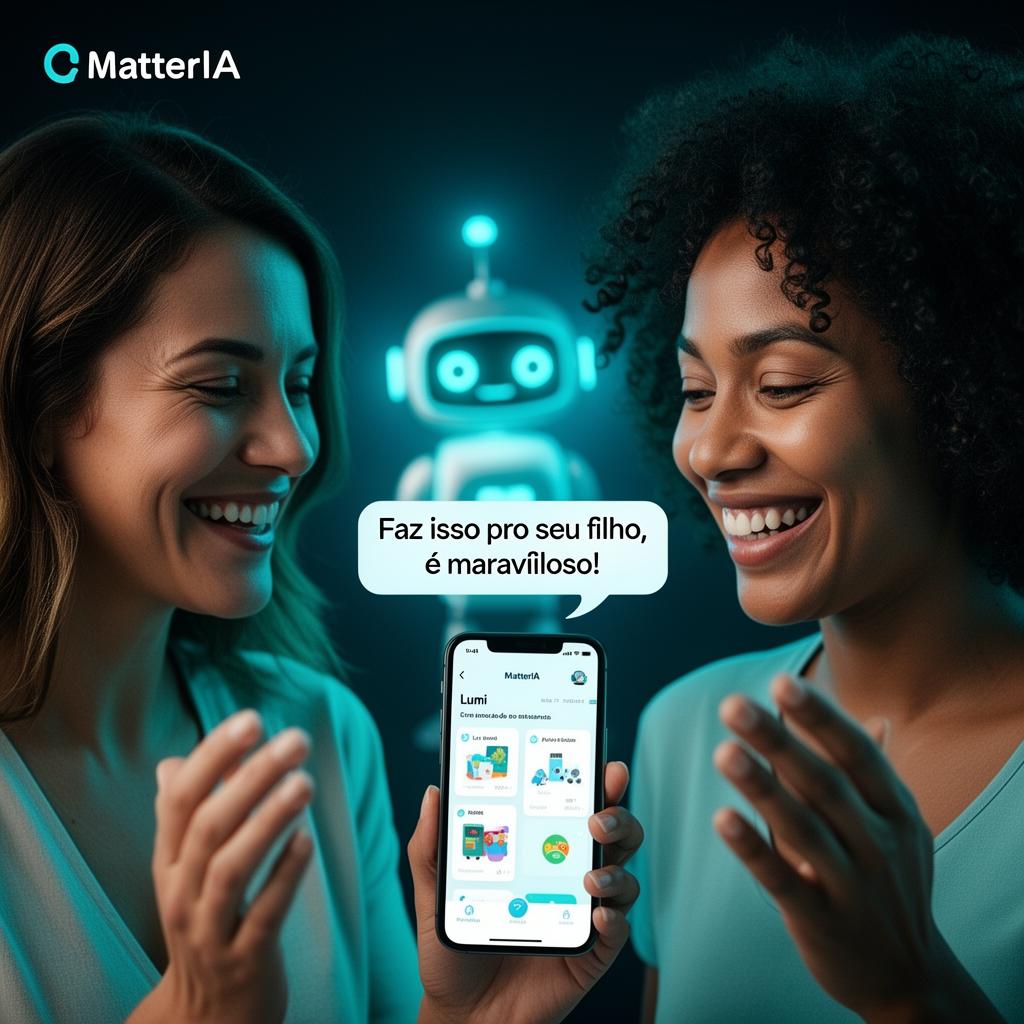 Duas mães conversando enquanto compartilham o MatterIA no celular