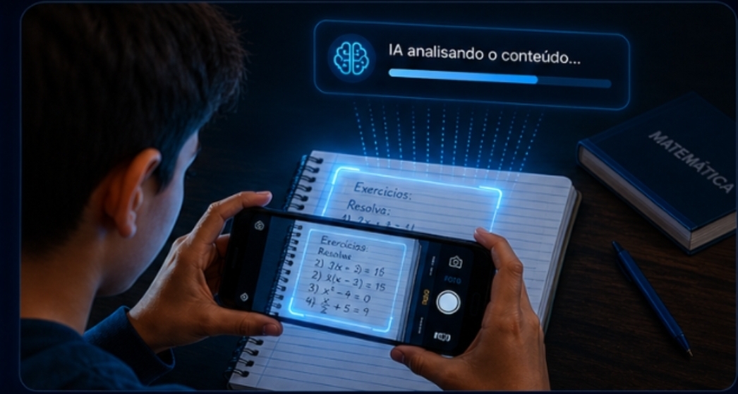Aluno tirando foto do material escolar com o celular enquanto a IA analisa o conteúdo